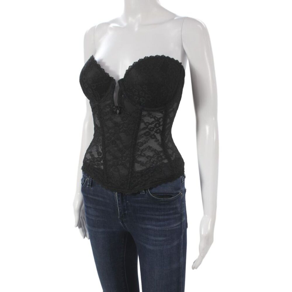 Va Bien Womens Floral Print Hook & Eye Corset Blouse Black Size 32E